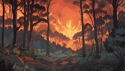 A Burst of Wildfire in Forest, Conceptual Anime Art Depictions about Climate Change and Rising in Temperature in Fantasy Atmosphere