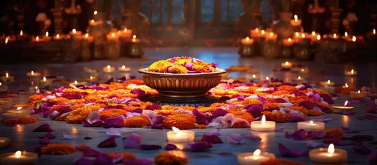 Fototapeten Candles and flowers encircle a floral bowl © Ilgun