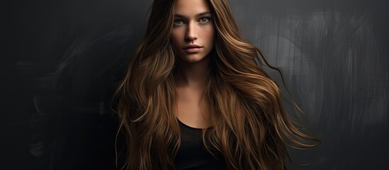 A close up of a woman with long brown hair and a black shirt - obrazy, fototapety, plakaty