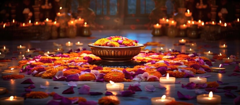 Candles and flowers encircle a floral bowl