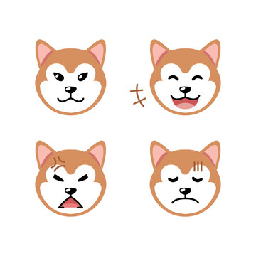 Set of cute character akita inu dog faces showing different emotions for design.