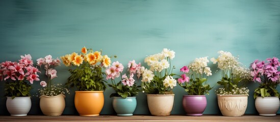 Colorful flower pots on a shelf