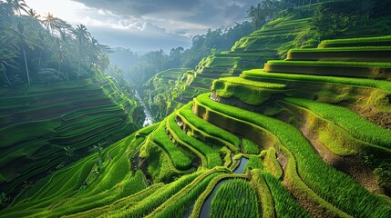 Rice farming in terraced rice fields in mountainous areas. Agriculture and the staple food concept. - obrazy, fototapety, plakaty