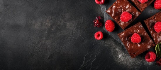 Chocolate bars topped with fresh raspberries on dark backdrop