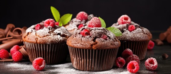 Chocolate muffins with raspberries and powdered sugar on a table