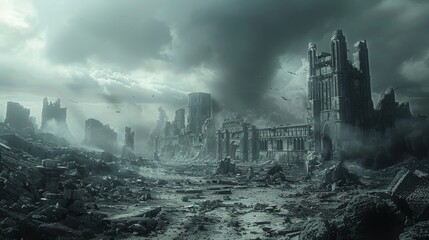 A haunting view of post-apocalyptic ruins under a dramatic cloudy sky, conveying a story of destruction and the passage of time. - obrazy, fototapety, plakaty
