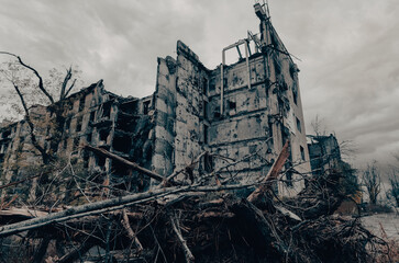 destroyed and burned houses in the city Russia Ukraine war