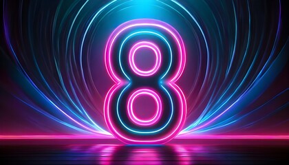 3d neon light number 8 glowing in the dark, pink blue neon light