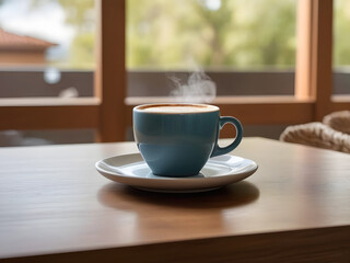 cup of coffee on a wooden table in a modern setting