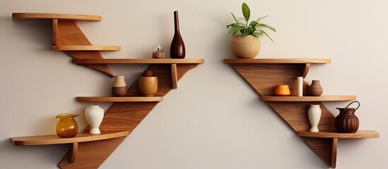 There are two wooden shelves displaying a collection of vases and decorative items