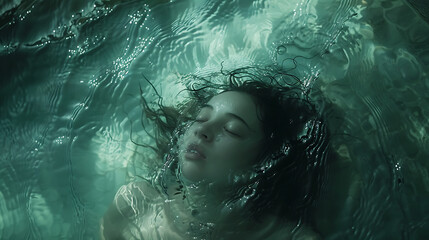 A young woman embraces the serenity of underwater relaxation, her closed eyes reflecting the beauty of a summer evening. Generative AI illustration

