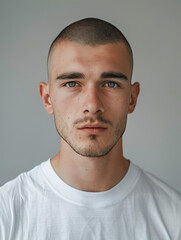 Fototapeta premium A sharp, detailed portrait of a young man with neat hair and intense gaze, the focus is on his striking facial features