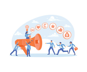 The promoter speaks using a megaphone. Attract investors and entrepreneurs with promotions on social media. Promotion concept. Flat vector illustration.