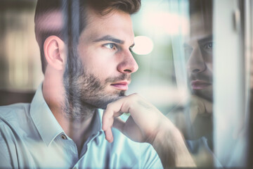Portrait of thoughtful businessman looking through window in office. Toned image