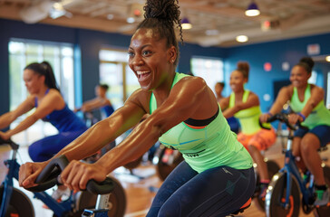 A group of people are smiling and working out on spinning bikes in the gym, with blue walls, white ceiling, and wooden floors - obrazy, fototapety, plakaty
