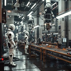 White robots on a high-tech assembly line, showcasing the seamless integration of AI in manufacturing. This vision of a smart factory highlights the synergy between robotics and advanced technology.