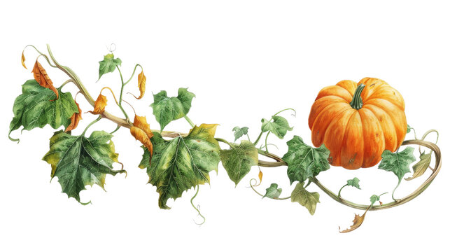 Pumpkin Vine in Watercolor on isolated Transparent background. PNG Format