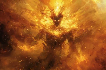 Foto op Canvas Digital painting of a god of fire, engulfed in flames and commanding power and transformation. © furyon