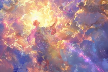 Digital painting of a god of love and beauty, surrounded by celestial light and cherubs.