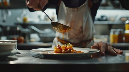 chef in apron adding sauce to dish in kitchen closeup