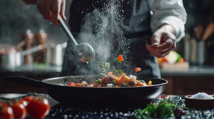 chef adds salt to steaming hot pan in grande cuisine idea for hotel with advertising space - obrazy, fototapety, plakaty