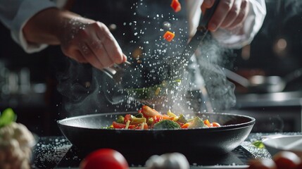 cooking fresh vegetables chef adds salt to steaming hot pan grande cuisine idea for hotel with advertising space - obrazy, fototapety, plakaty