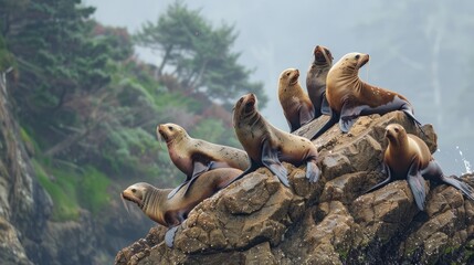 Sea Lions at Cape Arago Cliffs State Park, Coos Bay, Oregon - obrazy, fototapety, plakaty