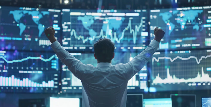A stock trader cheering in front of multiple digital screens displaying financial data and charts, symbolizing the joy of an successful trading day