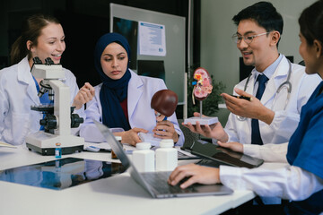 Medical, meeting and laptop for team in office in discussion, brainstorming and planning. Doctor, nurse and computer on desk, teamwork or workshop for human anatomical models.