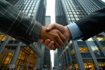 Photo of businessman handshake with building background concept for  Business Deal,Teamwork,Business network,business meeting,partnership.