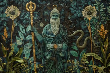 God of healing, with a staff entwined by serpents, standing in a lush medicinal garden. - obrazy, fototapety, plakaty