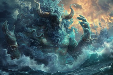 God of the ocean commanding waves and sea creatures, with an ancient ship in the background.