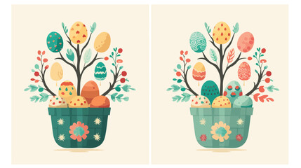 Easter vintage cards with basket and eggs flat vector