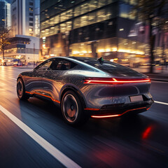 Naklejka premium High speed electric car driving through the city at night with dynamic light streaks and urban building background