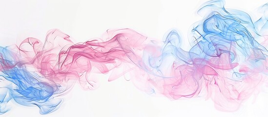 Fototapeta na wymiar A beautiful art piece featuring pink and blue smoke on a white background. The colors blend together in a mesmerizing way, creating a stunning pattern