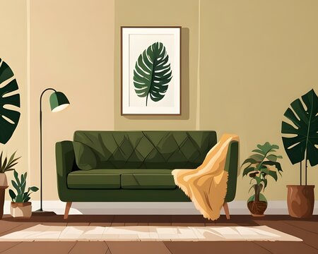 modern living room with sofa: earth colors theme with Mons tera indoor plant decorations. 