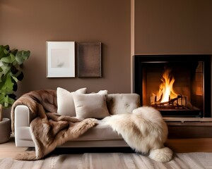  modern living room with sofa and a fire place: earth colors theme furry blanket plant decorations.