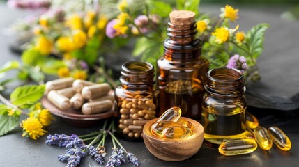 Fototapeta na wymiar Herbal medicine. Capsules and oil in small bottles.