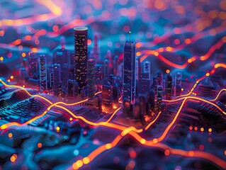 A smart city illustrating the dynamic connection between big data and technology, represented by threads of light and data