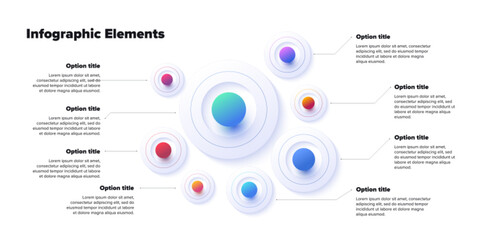 Business process chart infographics with 8 step spheres. Round workflow graphic elements. Company flowchart presentation slide. Vector info graphic design