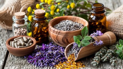 Herbal medicine. Herbs and spices on wooden background.