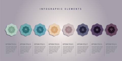 Business process chart infographics with 8 step circles. Round workflow graphic elements. Company flowchart presentation slide. Vector info graphic in flat design