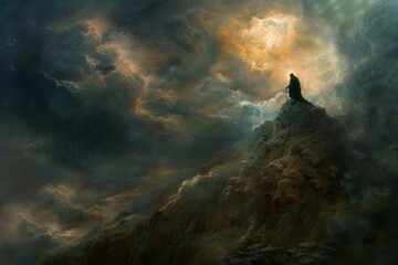 Storm god commanding the elements atop a tempestuous peak, master of thunder and rain - obrazy, fototapety, plakaty
