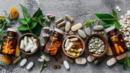 Alternative medicine. Assortment of pills, tablets and capsules on grey background top view.