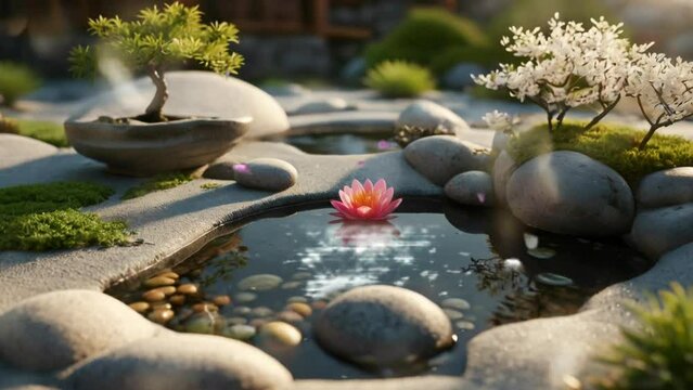 beautiful bonsai plants in zen garden. 4K seamless looping overlay virtual video animation backgrounds
