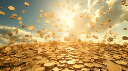 gold coins drop from the sky - obrazy, fototapety, plakaty