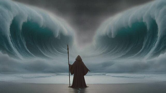 illustration of the prophet Moses splitting the sea