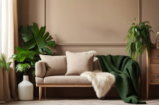 modern living room with sofa: earth colors theme with Mons tera indoor plant decorations. 