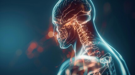 x-ray human body anatomy with glowing brain. - obrazy, fototapety, plakaty