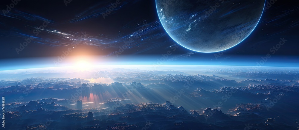 Poster a serene view of the earth from space with a planet in the background, showcasing the atmosphere, sk